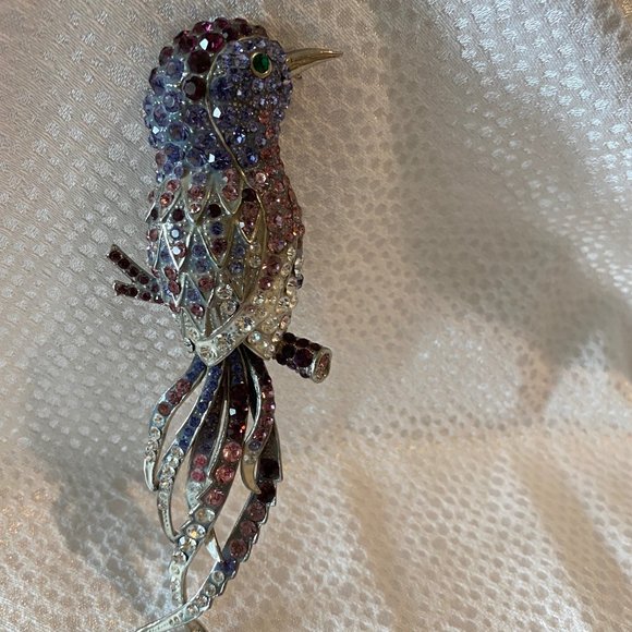 Silver Tone Crystal Bird on Branch Brooch - Picture 3 of 5